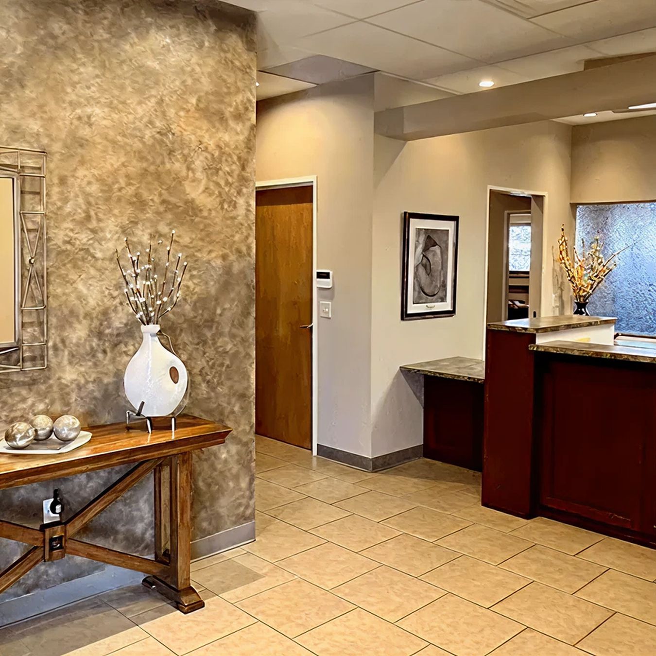 Modern reception area with decorative elements.